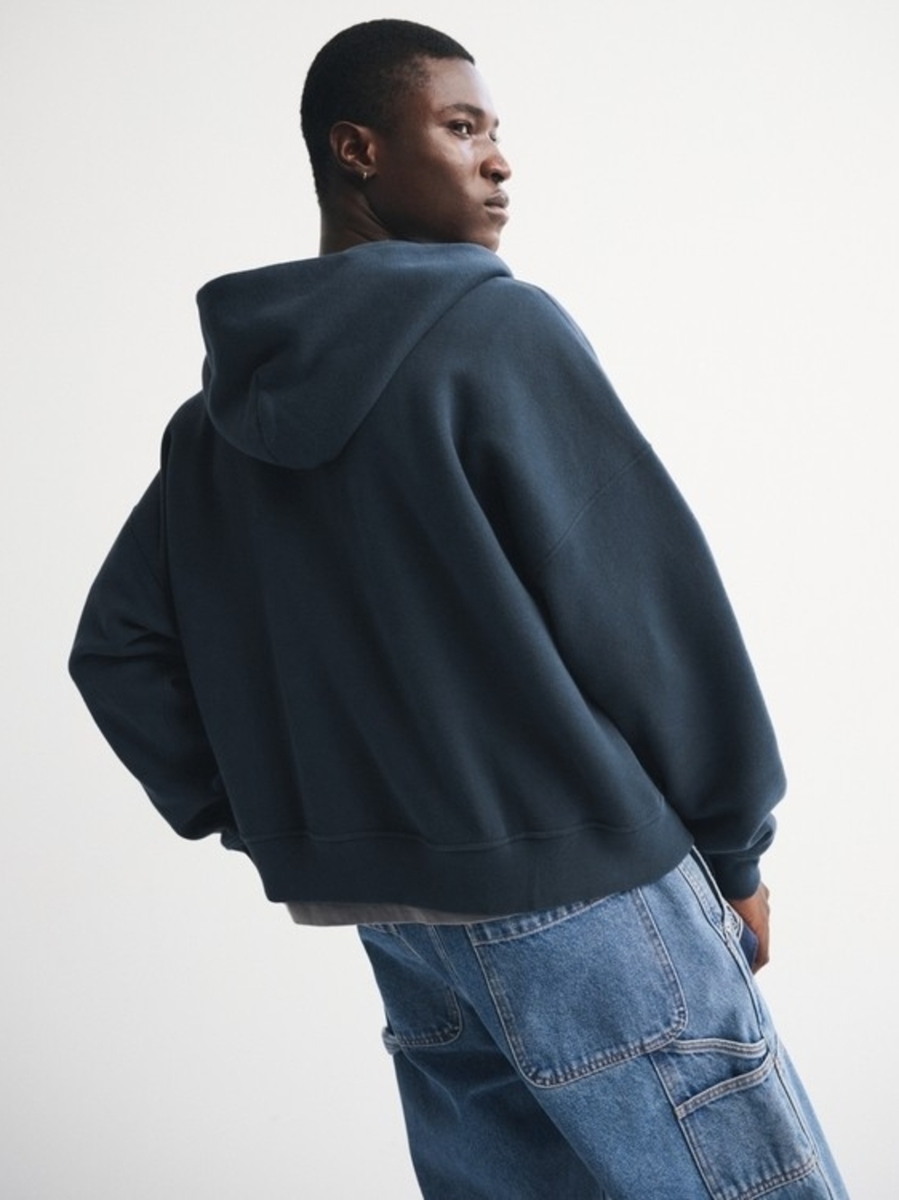 Abercrombie & Fitch Men's Cropped Slate Blue Distressed Full-Zip Hoodie